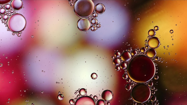 Abstract Colorful Food Oil Drops Bubbles and spheres Flowing on Water Surface Macro Photography