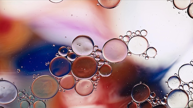 Abstract Colorful Food Oil Drops Bubbles and spheres Flowing on Water Surface Macro Photography