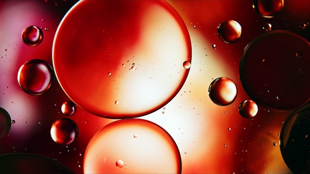 Abstract Colorful Food Oil Drops Bubbles and spheres Flowing on Water Surface Macro Photography