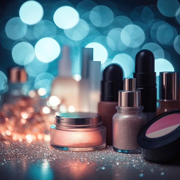 Abstract colorful glittering background with professional makeup products Generation ai