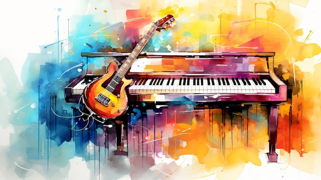 Abstract colorful guitar and piano keyboard on water