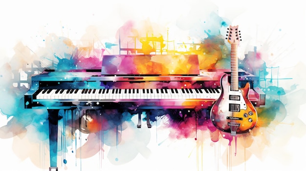 Abstract colorful guitar and piano keyboard on water