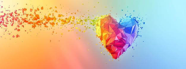 Abstract colorful heart shape made of low poly geometric particles on a gradient background