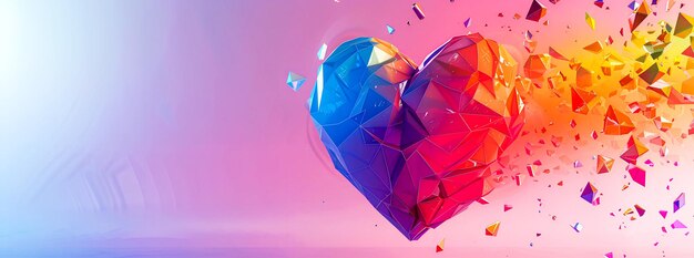 Abstract colorful heart shape made of low poly geometric particles on a gradient background