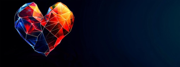 Abstract colorful heart shape made of low poly geometric particles on a gradient background