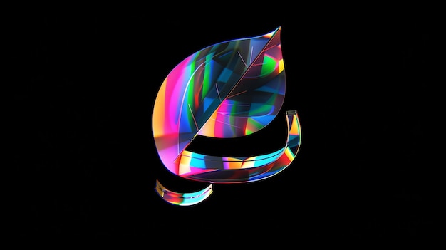 Abstract colorful holographic leaf symbol against a black background