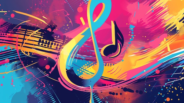 An abstract colorful illustration with music notes paint splatters and streaks