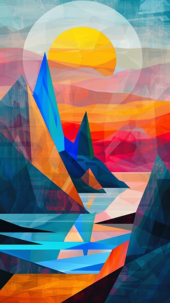 Abstract colorful landscape with geometric sun and mountains