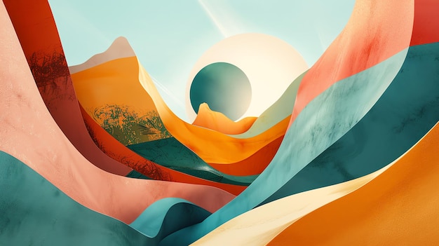 Abstract colorful landscape with a large circle in the sky