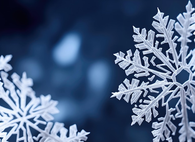 Abstract colorful large and small white snowflakes on a blue background