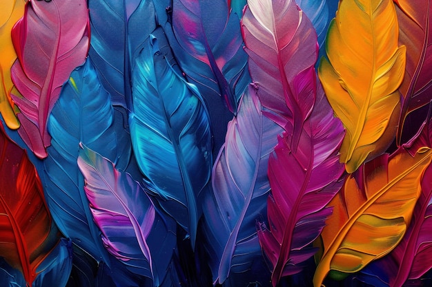 Abstract colorful leaves painting with multicolored feathers in the style of oil paint texture Modern art design