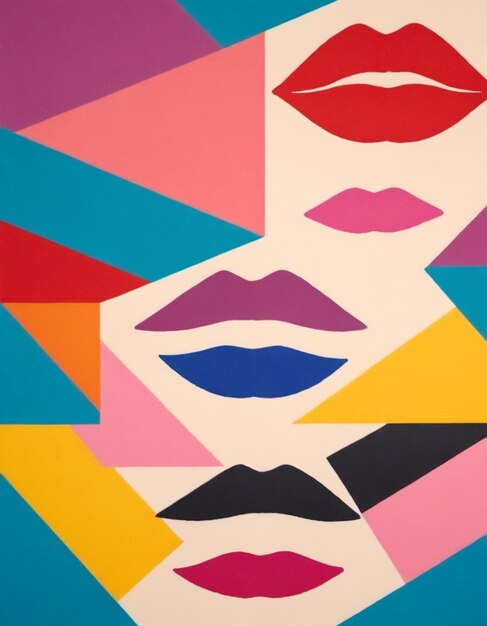 Abstract colorful lips and geometric shapes wall art