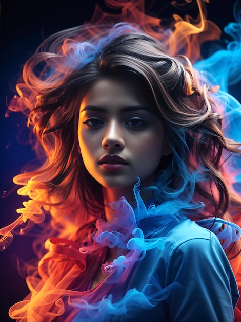 abstract colorful multicolored smoke spreading neon lighted smoke texture structure of girl