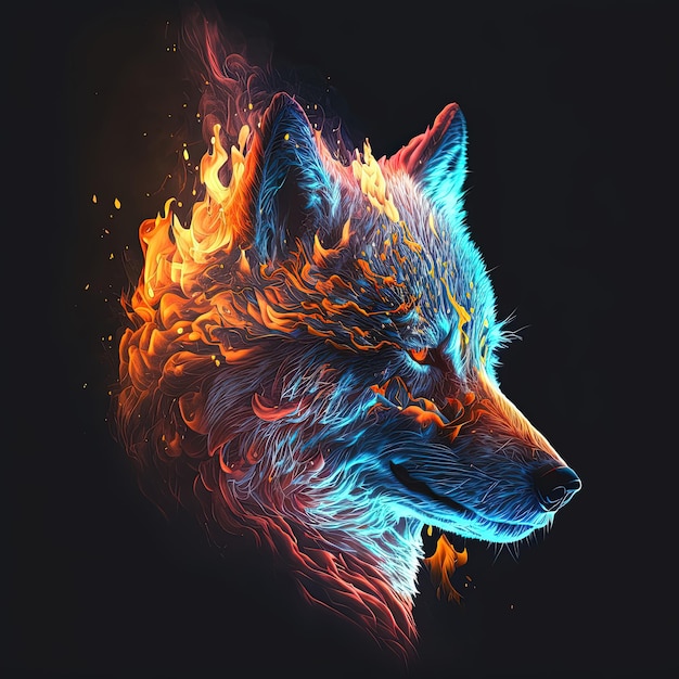 Abstract colorful neon portrait of a wolf's head on a black background Ai generated