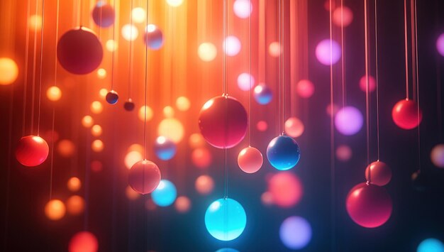 Photo abstract colorful orbs hanging in a dark background with glowing lights