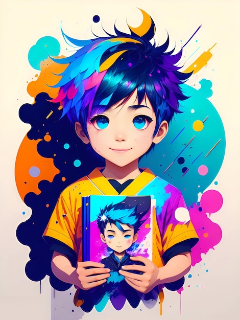 Abstract Colorful Paint Splash Young Boy With Book