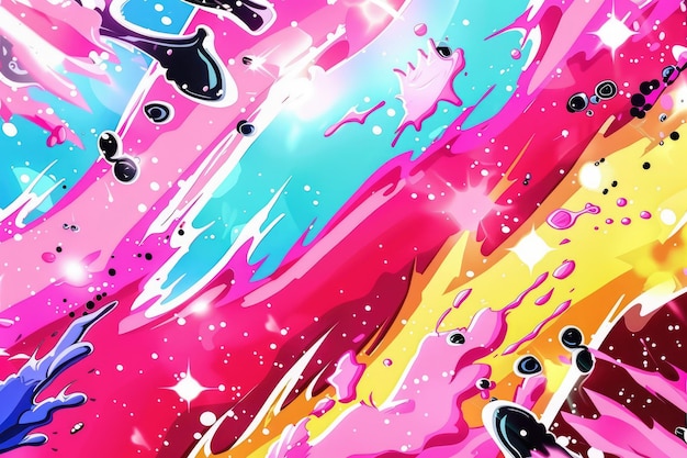 Abstract Colorful Paint Splatter Explosion with Bright Pink Blue Yellow