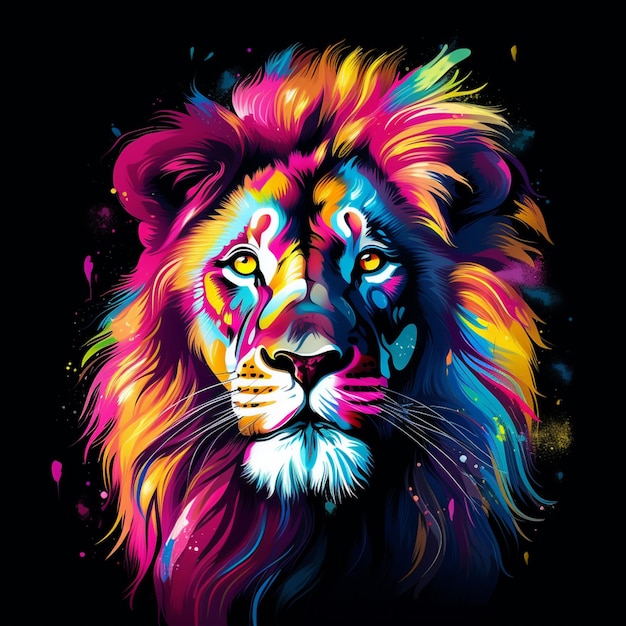 Abstract colorful paint white lion black background Generative Ai