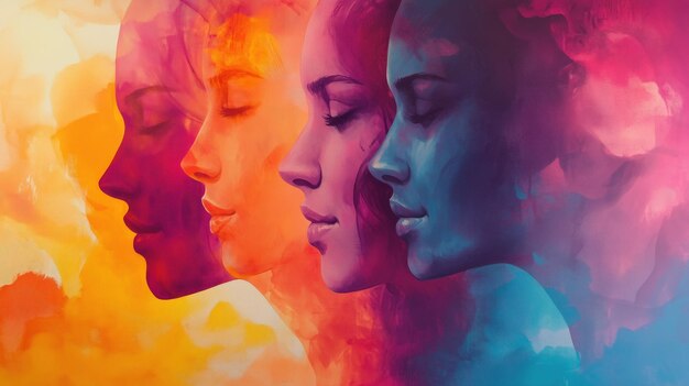 Photo abstract colorful portrait painting with diverse beautiful independent successful inclusive acceptation women day celebration in bright colors