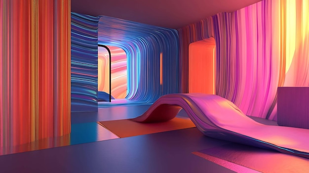 Photo abstract colorful room with curved walls bright lights and a pink shiny curved couch