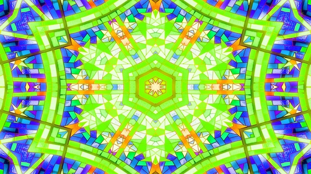 Abstract Colorful Shiny and Hypnotic Concept Symmetric Pattern Ornamental Decorative Kaleidoscope Movement Geometric Circle and Star Shapes