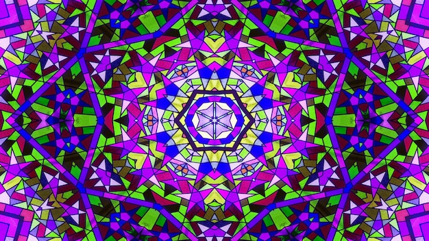 Abstract Colorful Shiny and Hypnotic Concept Symmetric Pattern Ornamental Decorative Kaleidoscope Movement Geometric Circle and Star Shapes