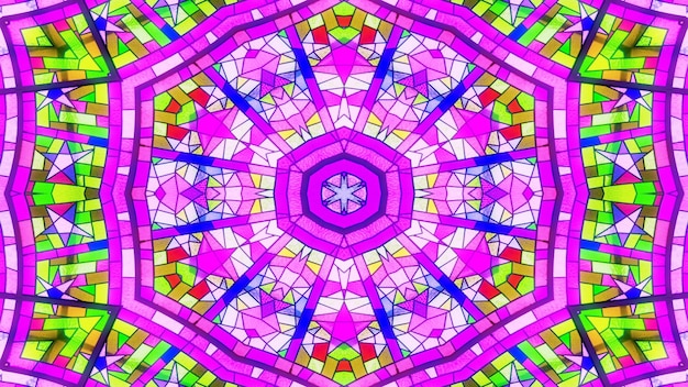 Abstract Colorful Shiny and Hypnotic Concept Symmetric Pattern Ornamental Decorative Kaleidoscope Movement Geometric Circle and Star Shapes