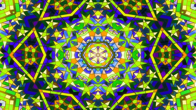 Abstract Colorful Shiny and Hypnotic Concept Symmetric Pattern Ornamental Decorative Kaleidoscope Movement Geometric Circle and Star Shapes