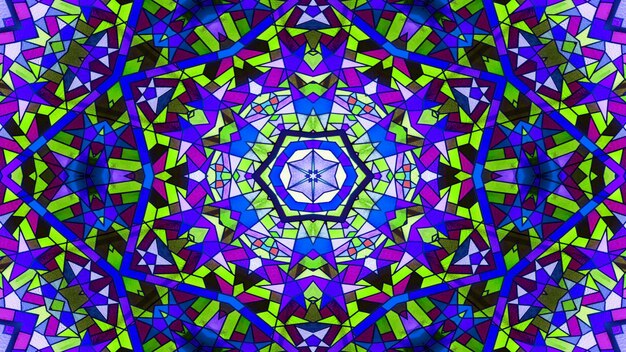 Abstract Colorful Shiny and Hypnotic Concept Symmetric Pattern Ornamental Decorative Kaleidoscope Movement Geometric Circle and Star Shapes