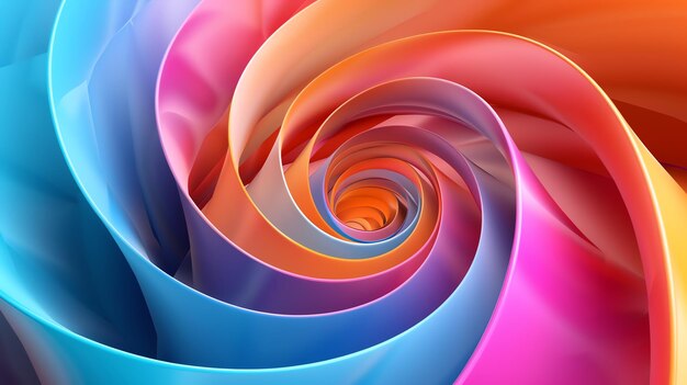 Abstract colorful spiral of glossy ribbons in pink blue orange and yellow