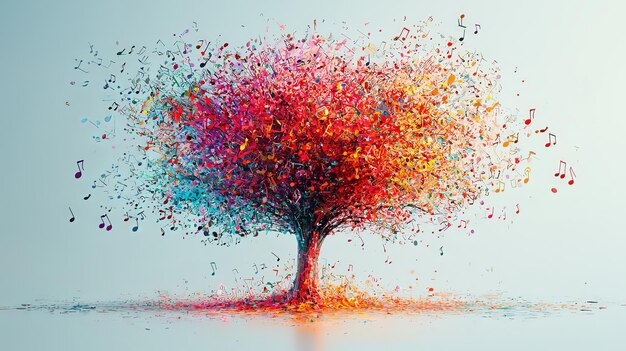 Abstract colorful tree with musical notes flying off branches