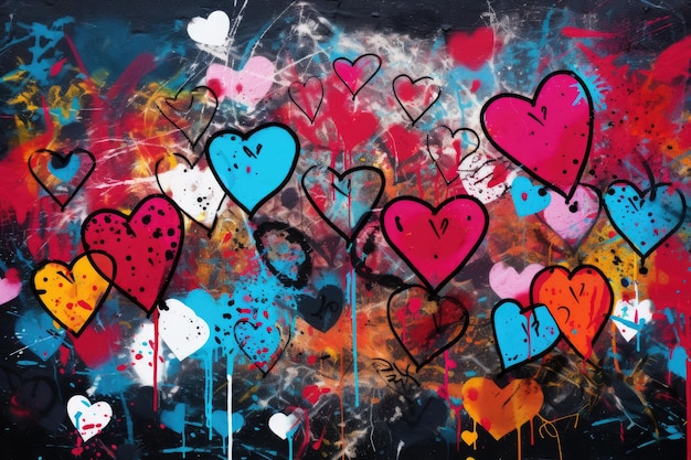 Abstract colorful wall scribble hearts pattern background street art graffiti texture