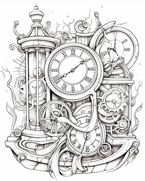 Photo abstract coloring page with clocks