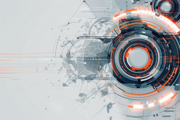 Photo abstract communication vector illustration wide scifi grey background with various technological elements futuristic circles design innovation concept