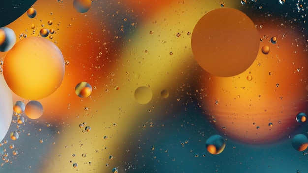 Abstract composition of colorful bubbles and droplets in a vibrant setting illuminated with warm and