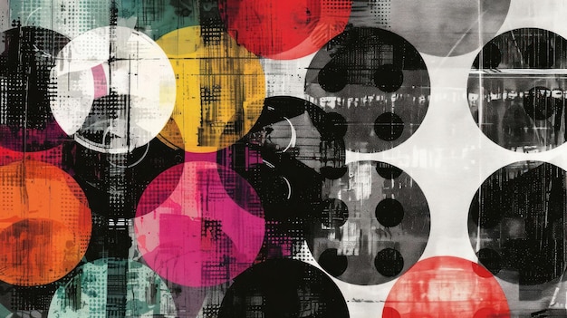 Abstract composition of colorful circles and patterns creating a modern graphic design