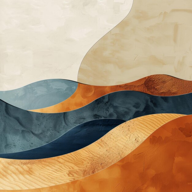 Abstract composition featuring layered waves with desert textures and a bold color palette