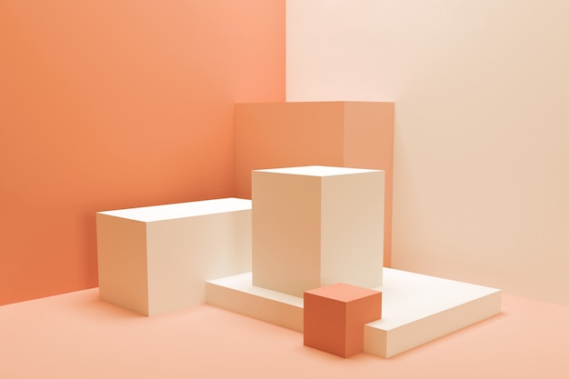 Abstract composition of geometric shapes. Empty pedestals for presentation. Minimalistic 3D render in coral shades.