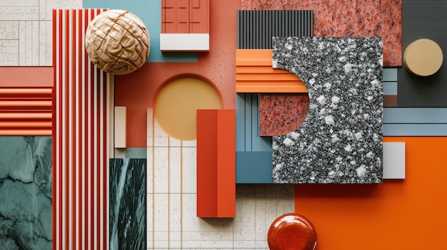 Abstract Composition of Geometric Shapes and Textures in Red Orange and Grey Tones