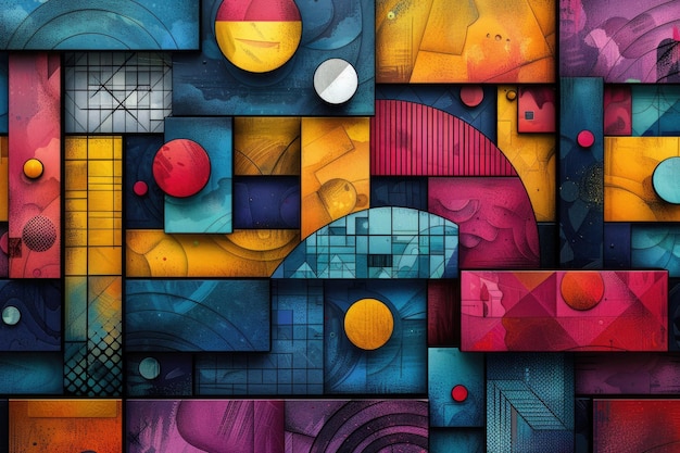 An abstract composition of geometric shapes and vibrant colors