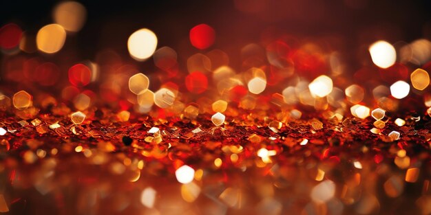 An abstract composition of gold and red glitter resembling dazzling fireworks artfully blurred