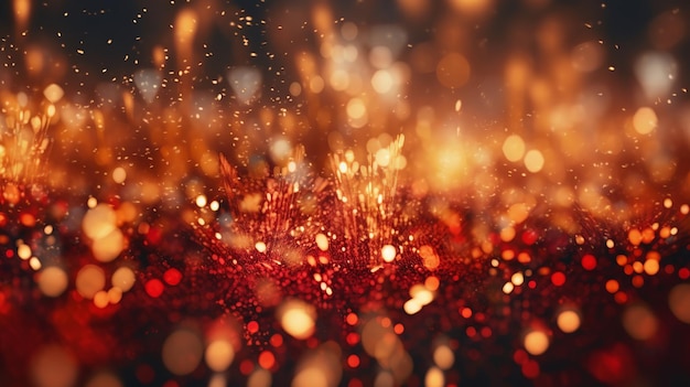 An abstract composition of gold and red glitter resembling dazzling fireworks artfully blurred