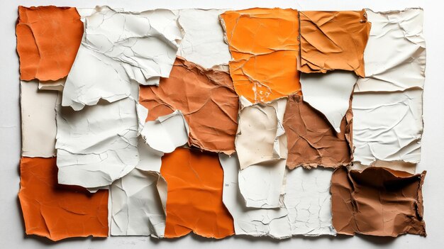 Abstract composition of layered and torn pieces of paper in shades of orange brown and white creating a textured and artistic effect