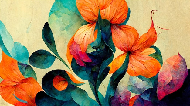 Abstract composition of plants and flower petals painting color texture modern floral pattern super