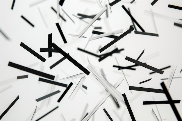 An abstract composition of thin black and white bars scattered in disarray