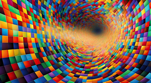 Abstract composition with radial patterns of colored blocks creating a kaleidoscopic tunneling effect