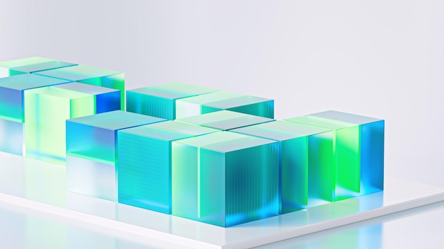 Abstract concept Glass colored cubes fly out of white cells on the floor Blue purple green color