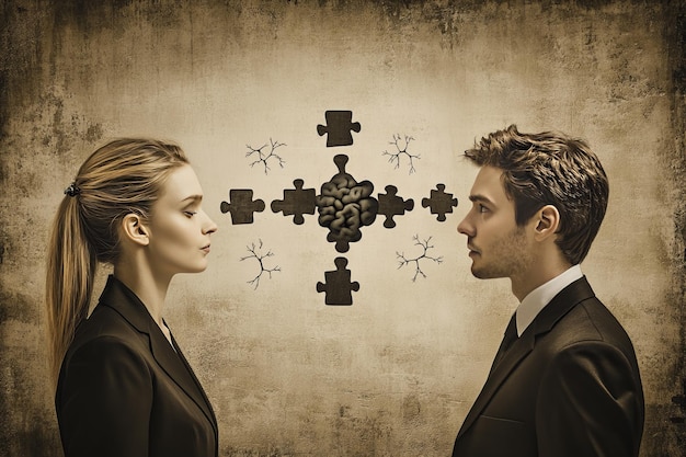 Photo abstract concept of a man and woman facing opposite directions with puzzle pieces and brain network