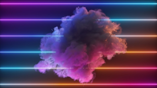 Photo abstract concept rainbow cloud rotates against the background of colored neon lines gradient advertising