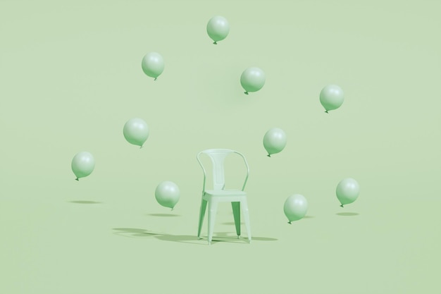 Abstract conceptual idea of green chair is floating up by pastel blue balloons on green background